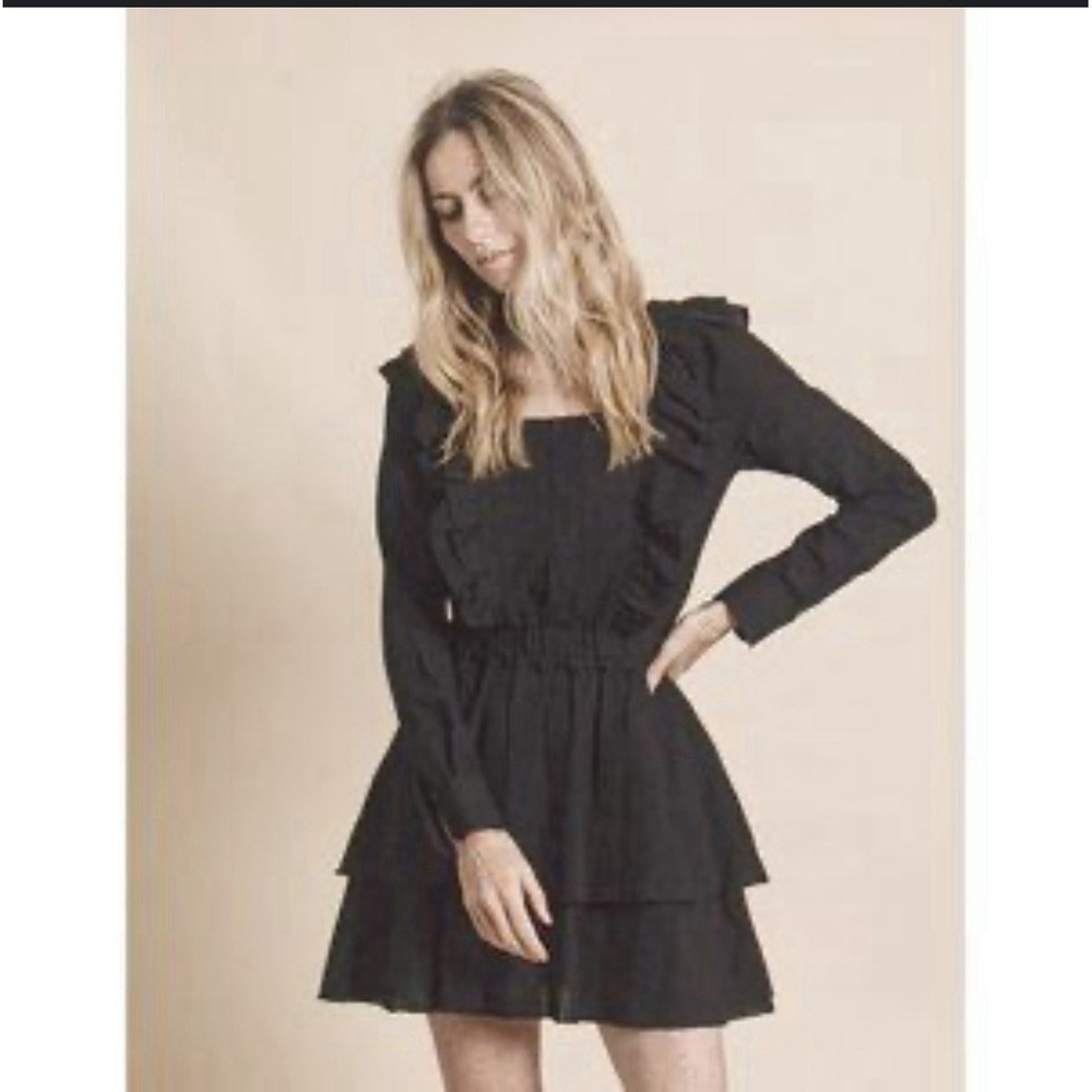 THE SHIRT ROCHELLE BEHRENS BLACK FLORAL RUFFLED TIERED MINI DRESS SIZE Large